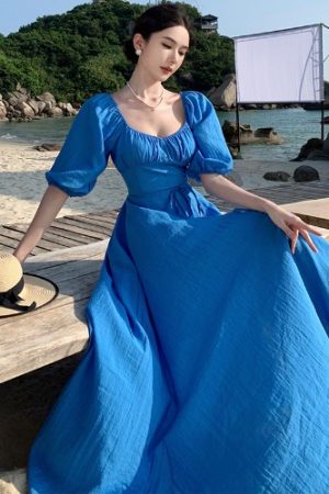 Backless Blue Prairie Dress with High Slit and Square Neck - Vintage French Vacation Style with Large Skirt