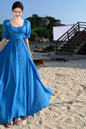Backless Blue Prairie Dress with High Slit and Square Neck - Vintage French Vacation Style with Large Skirt