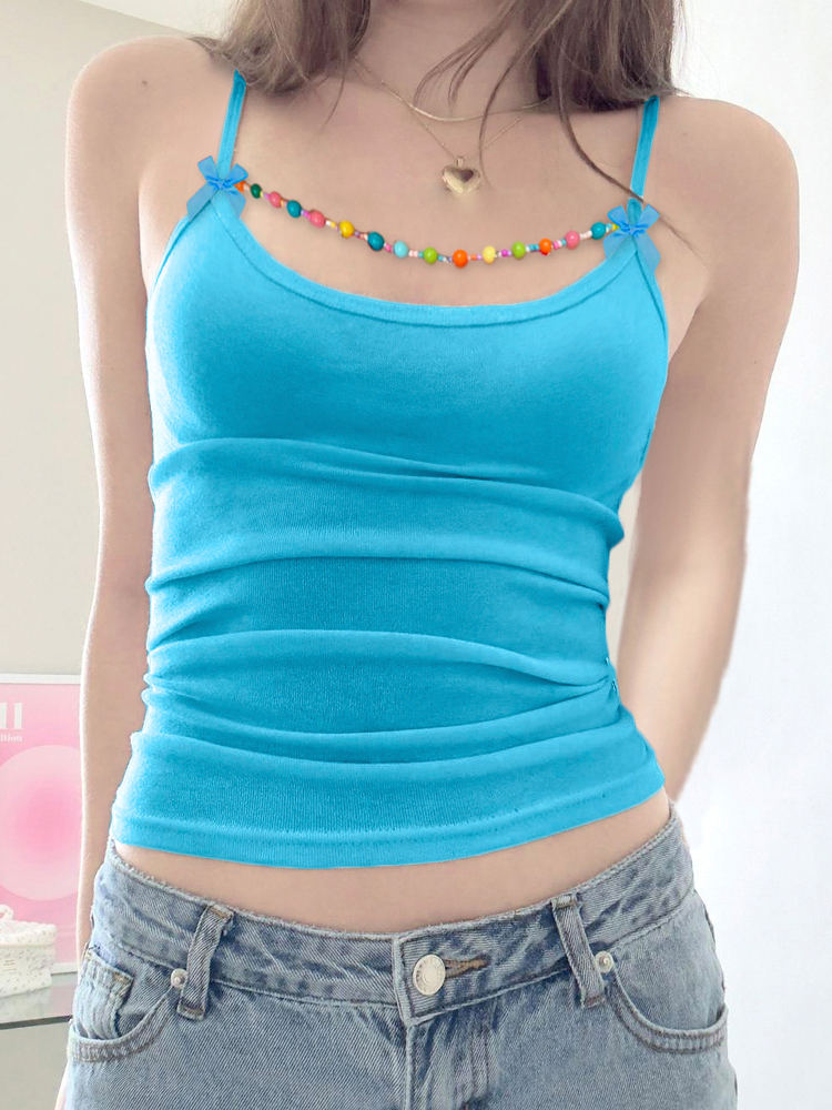 Backless Casual Vest with Beaded Bow Tie Straps for Women - Summer Beach Style, Elastic Fit, Trendy Y2K Fashion Backless Casual Vest with Beaded Bow Tie Straps for Women - Summer Beach Style, Elastic Fit, Trendy Y2K Fashion