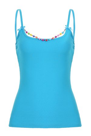 Backless Casual Vest with Beaded Bow Tie Straps for Women - Summer Beach Style, Elastic Fit, Trendy Y2K Fashion