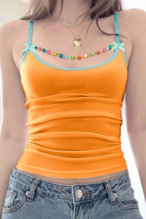 Backless Casual Vest with Beaded Bow Tie Straps for Women - Summer Beach Style, Elastic Fit, Trendy Y2K Fashion