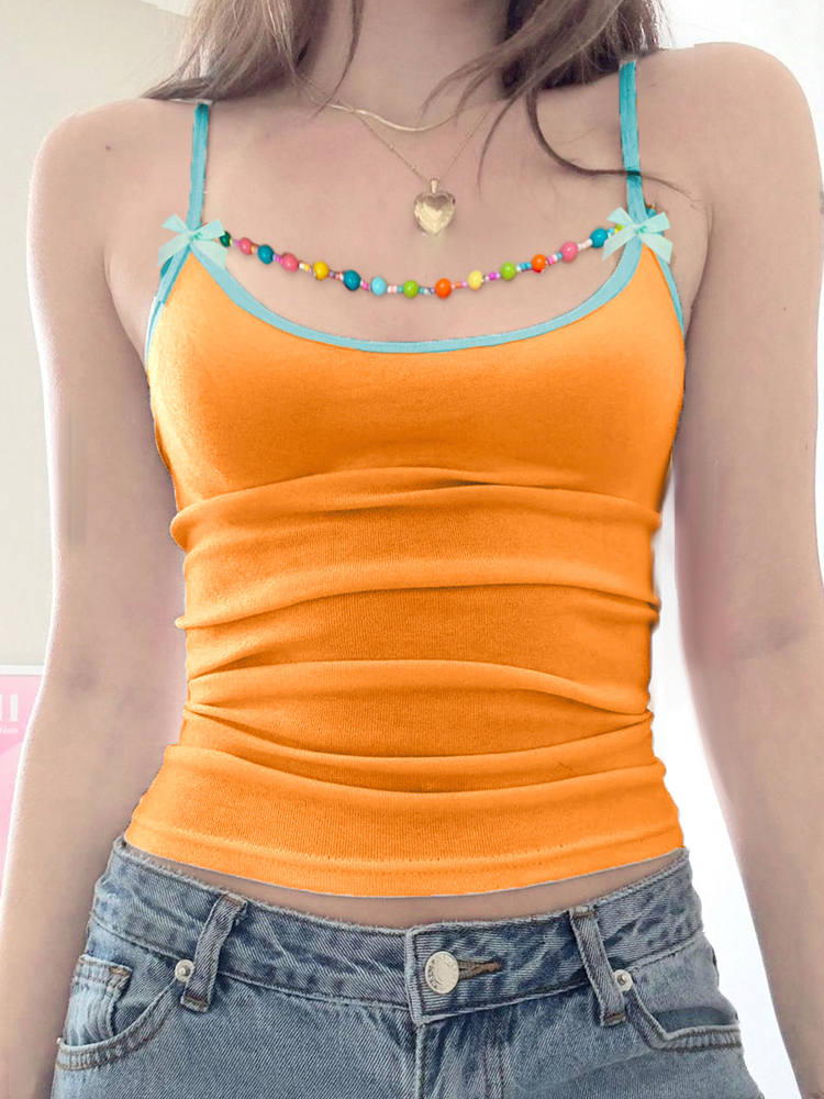 Backless Casual Vest with Beaded Bow Tie Straps for Women - Summer Beach Style, Elastic Fit, Trendy Y2K Fashion Backless Casual Vest with Beaded Bow Tie Straps for Women - Summer Beach Style, Elastic Fit, Trendy Y2K Fashion