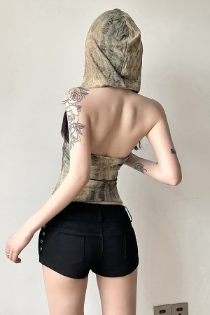 Backless Distressed Hooded Vest for Women - Irregular Strap Rock Music Festival Style, Hot Girl Aesthetic