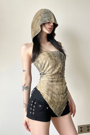 Backless Distressed Hooded Vest for Women - Irregular Strap Rock Music Festival Style, Hot Girl Aesthetic