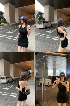 Backless Halter Neck Summer Dress with Chest Pad, Knitted Bodycon Mini Skirt, Jasmine and Black Tea Colors, Y2K Style