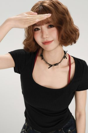 Backless Spicy Girl Short Sleeve T-Shirt for Women - American Style Summer Two-Piece Set with Strap Design