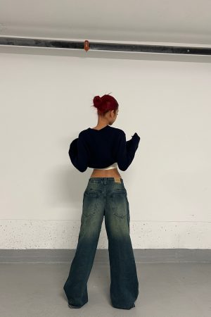 Baggy Skate Pants for Girls - Film-Style Yellow and Blue Wash Slimming Jeans, 90s Inspired Streetwear Fashion
