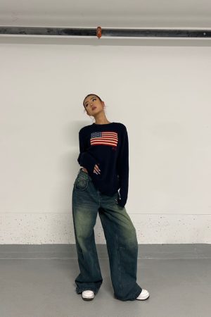 Baggy Skate Pants for Girls - Film-Style Yellow and Blue Wash Slimming Jeans, 90s Inspired Streetwear Fashion