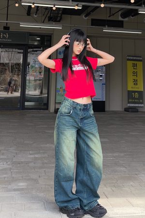 Baggy Skate Pants for Girls - Film-Style Yellow and Blue Wash Slimming Jeans, 90s Inspired Streetwear Fashion