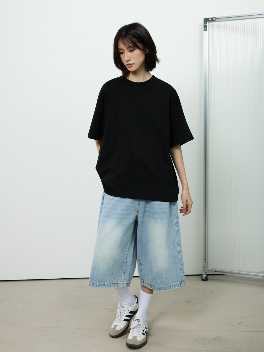 Basic Design Short-Sleeve T-Shirt for Men with Closed Front Shoulder Seam, Loose American Style, Versatile Casual Tee Basic Design Short-Sleeve T-Shirt for Men with Closed Front Shoulder Seam, Loose American Style, Versatile Casual Tee