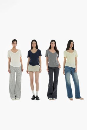 Basic Four-Color Tencel Wool Slightly Loose V-Neck Short Sleeve T-Shirt - Casual 90s Style Top