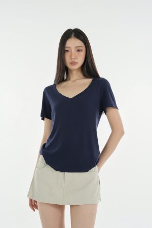 Basic Four-Color Tencel Wool Slightly Loose V-Neck Short Sleeve T-Shirt - Casual 90s Style Top