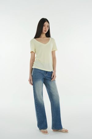 Basic Four-Color Tencel Wool Slightly Loose V-Neck Short Sleeve T-Shirt - Casual 90s Style Top