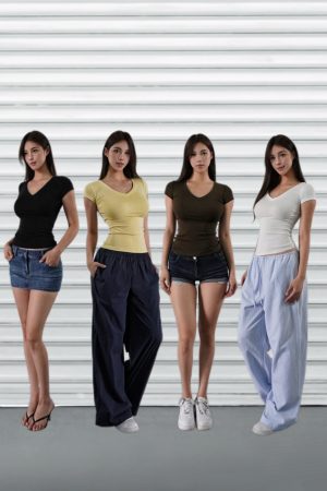 Basic Four-Color V-Neck Fitted Short Sleeve Versatile Top - Trendy Essential for Casual Chic Outfits