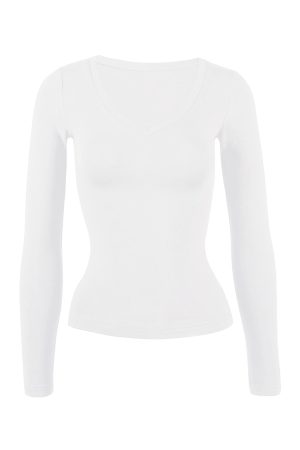 Basic Four-Color V-Neck Stretch Fitted Long Sleeve Top - Versatile Everyday Essential, Perfect for Layering and Casual Outfits