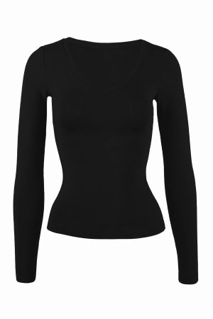 Basic Four-Color V-Neck Stretch Fitted Long Sleeve Top - Versatile Everyday Essential, Perfect for Layering and Casual Outfits