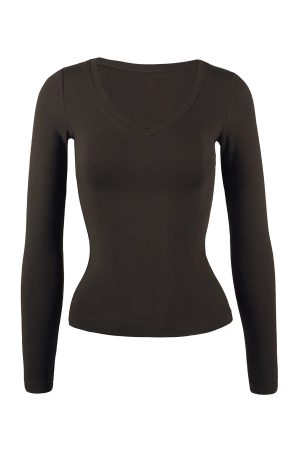 Basic Four-Color V-Neck Stretch Fitted Long Sleeve Top - Versatile Everyday Essential, Perfect for Layering and Casual Outfits