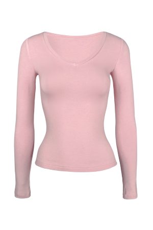 Basic Four-Color V-Neck Stretch Fitted Long Sleeve Top - Versatile Everyday Essential, Perfect for Layering and Casual Outfits