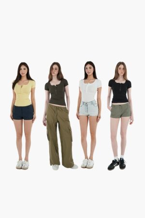 Basic U-Neck Slim Fit Stretch Short Sleeve Top with Henry Collar - Versatile Essential for Casual and Smart Outfits