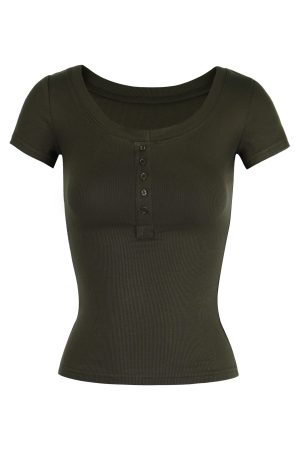 Basic U-Neck Slim Fit Stretch Short Sleeve Top with Henry Collar - Versatile Essential for Casual and Smart Outfits