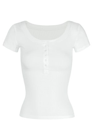 Basic U-Neck Slim Fit Stretch Short Sleeve Top with Henry Collar - Versatile Essential for Casual and Smart Outfits