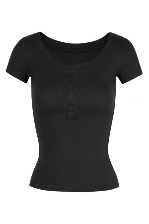 Basic U-Neck Slim Fit Stretch Short Sleeve Top with Henry Collar - Versatile Essential for Casual and Smart Outfits