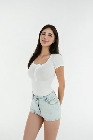 Basic U-Neck Slim Fit Stretch Short Sleeve Top with Henry Collar - Versatile Essential for Casual and Smart Outfits