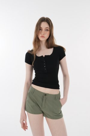 Basic U-Neck Slim Fit Stretch Short Sleeve Top with Henry Collar - Versatile Essential for Casual and Smart Outfits