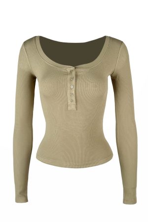 Basic U-Neck Stretch Slim Fit Long Sleeve Henley T-Shirt - Casual Essential for Everyday Wear