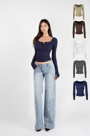 Basic U-Neck Stretch Slim Fit Long Sleeve Henley T-Shirt - Casual Essential for Everyday Wear