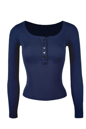 Basic U-Neck Stretch Slim Fit Long Sleeve Henley T-Shirt - Casual Essential for Everyday Wear