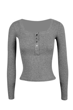 Basic U-Neck Stretch Slim Fit Long Sleeve Henley T-Shirt - Casual Essential for Everyday Wear