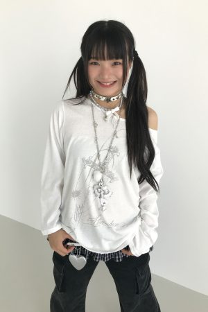 Basil Off-Shoulder One-Shoulder Sheer Long Sleeve Cold Shoulder Top for Sun Protection - Trendy Original Print Fashion Top