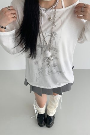 Basil Off-Shoulder One-Shoulder Sheer Long Sleeve Cold Shoulder Top for Sun Protection - Trendy Original Print Fashion Top