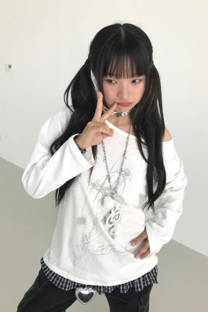 Basil Off-Shoulder One-Shoulder Sheer Long Sleeve Cold Shoulder Top for Sun Protection - Trendy Original Print Fashion Top