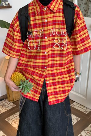 Beaded Plaid Shirt for Men and Women, Summer Loose Fit Couple Streetwear, Vintage Pearl Design, 90s Inspired Fashion