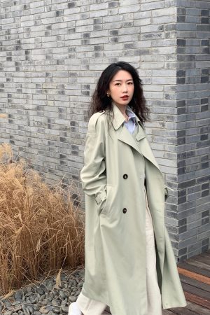 Bean Green Mid-Length Trench Coat for Women, Petite Sizes, 2024 Spring Autumn British Korean Style Fashion