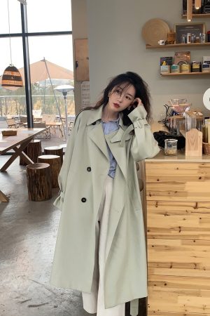 Bean Green Mid-Length Trench Coat for Women, Petite Sizes, 2024 Spring Autumn British Korean Style Fashion