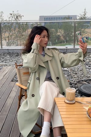 Bean Green Mid-Length Trench Coat for Women, Petite Sizes, 2024 Spring Autumn British Korean Style Fashion