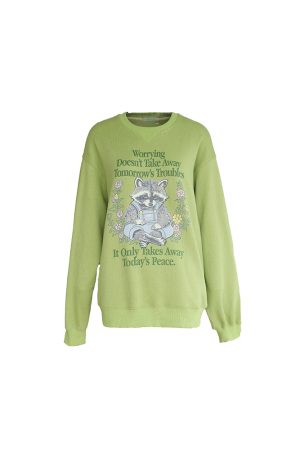 Bear Apocalypse Green Retro Printed Sweatshirt for Women - Vintage Style Thick Pullover for Spring and Autumn Fashion