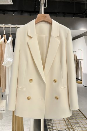 Beige Elegant Blazer Jacket for Women - 2025 Spring Autumn French Professional Style Suit Coat
