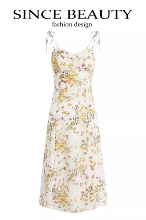 Beige Floral Spaghetti Strap Dress with Side Slit - French Style Summer Vacation Long Dress for Women 2025