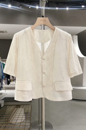 Beige French Chic Linen Short-Sleeve Coat for Women - 2025 Summer Petite Fashion Top