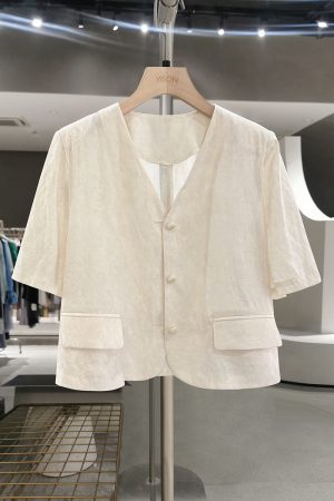 Beige French Chic Linen Short-Sleeve Coat for Women - 2025 Summer Petite Fashion Top