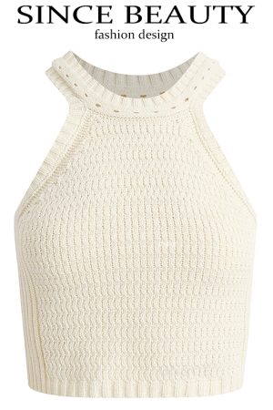 Beige Knitted Halter Top - Summer 2025 Fashion, Trendy Y2K Style for Women