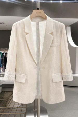 Beige Lace Patchwork Thin Blazer for Women - 2025 Summer Collection, Fashionable Mature Style Suit, Elegant Layering Piece