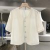 Beige Minimalist Short Sleeve V-Neck Shirt for Women - Versatile Thin Summer Jacket, Exquisite Trendy Top 2025