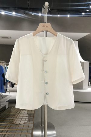 Beige Minimalist Short Sleeve V-Neck Shirt for Women - Versatile Thin Summer Jacket, Exquisite Trendy Top 2025