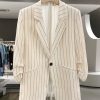 Beige Striped Three-Quarter Sleeve Blazer for Women - 2025 Summer Korean Style Commuter Fashion with High-End Feel