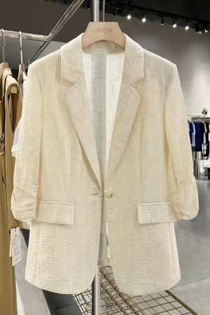 Beige Vintage Lightweight Suit Jacket for Women - 2025 Summer Slimming Pleated Blazer, Fashionable & Versatile 90s Style